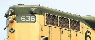 Detail view of top of long hood of Reading GP-7 #636.