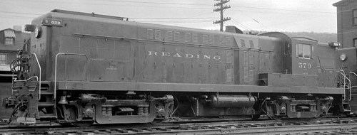 A view of 1952-class Reading Baldwin AS-16 #579.  Location appears to be Tamaqua, PA.