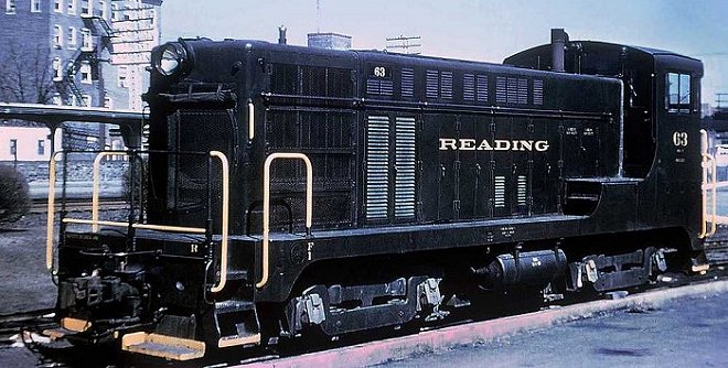 Reading Baldwin VO-660 #63 idles at Pottstown.  Note the round radiator grille.