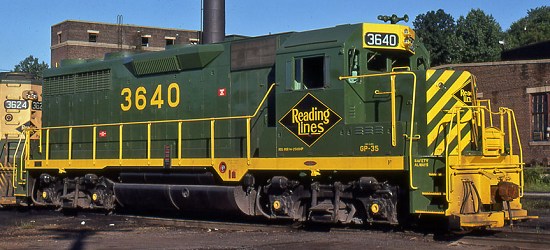 Reading GP-35 #3640 shown at the Bethlehem Engine Terminal after its repainting into the "Reading Green" scheme in April, 1974.