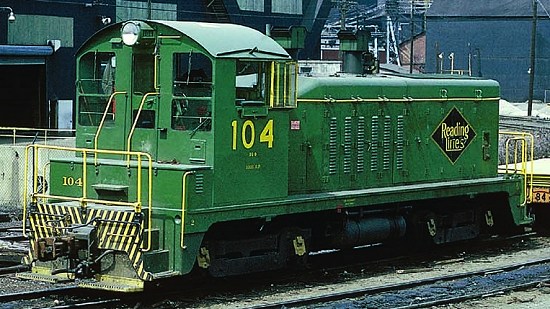 Reading NW2 #104 works at Lukens Steel in Coatesville, PA in 1974 after its repainting into the 1970s Reading Green scheme.  Photo courtesy Paul Kutta.