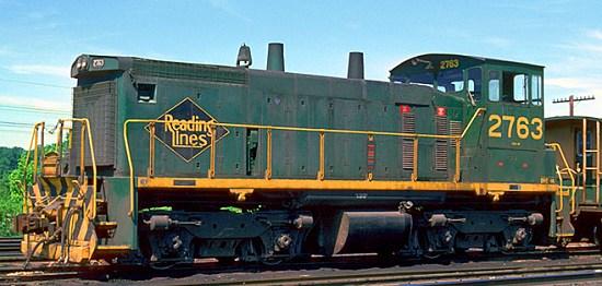 Reading SW-1500 #2763 after its rebuilding and repainting into the 1970s "Reading Green" scheme.
